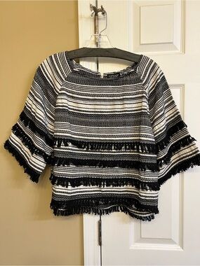 Topshop Black & White Striped Fringe Top